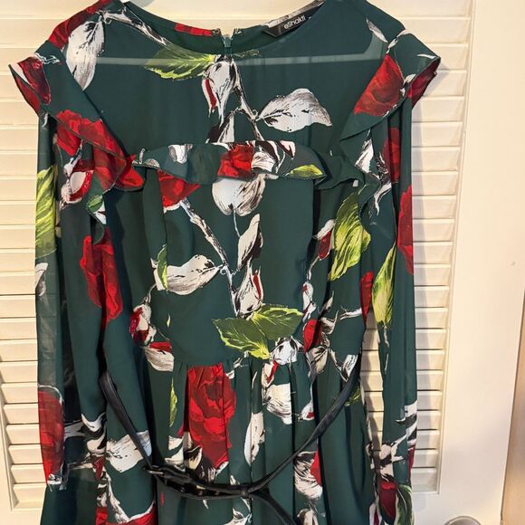 eShakti Green Floral Fit & Flare Dress Ruffle Faux Leather Belt 1X Dark Romantic - Picture 5 of 16